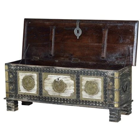 Coffre De Rangement En Bois De Manguier Coloris Noir Vieilli - Longueur 116 X Profondeur 40 X Hauteur 45 Cm -PEGANE- – Image 4