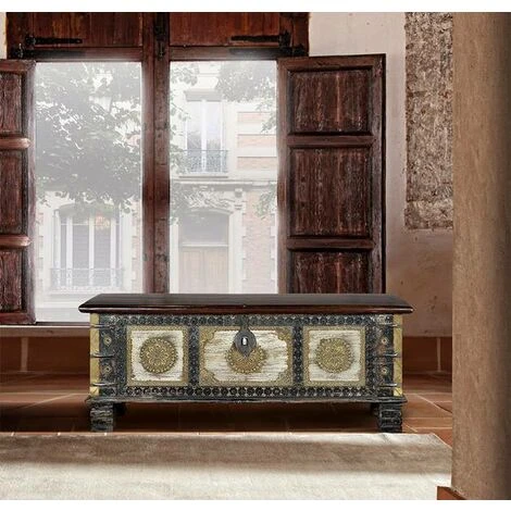 Coffre De Rangement En Bois De Manguier Coloris Noir Vieilli - Longueur 116 X Profondeur 40 X Hauteur 45 Cm -PEGANE- – Image 5