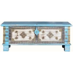 Coffre De Rangement En Bois De Manguier Coloris Bleu Vieilli - Longueur 116 X Profondeur 40 X Hauteur 45 Cm -PEGANE-