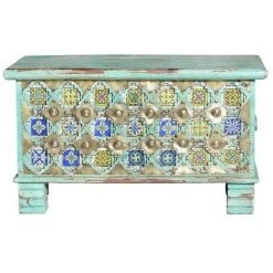 Coffre De Rangement En Bois De Manguier Coloris Vert Vieilli / Multicolore - Longueur 80 X Profondeur 40 X Hauteur 45 Cm -PEGANE-