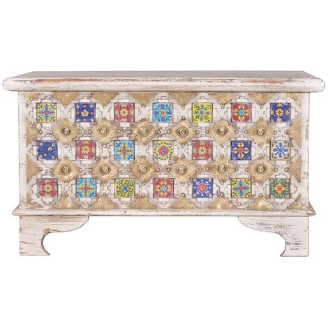 Coffre De Rangement En Bois De Manguier Coloris Blanc Vieilli - Longueur 80 X Profondeur 40 X Hauteur 46 Cm -PEGANE-