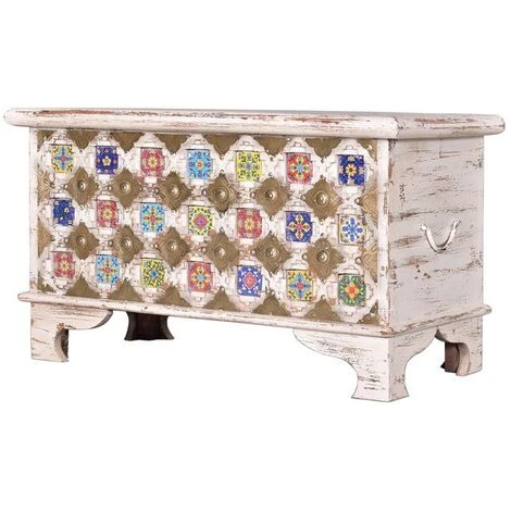 Coffre De Rangement En Bois De Manguier Coloris Blanc Vieilli - Longueur 80 X Profondeur 40 X Hauteur 46 Cm -PEGANE- – Image 2