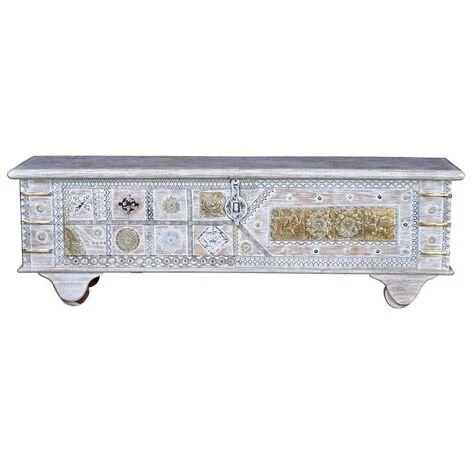 Coffre De Rangement En Bois De Manguier Coloris Blanc Vieilli - Longueur 145 X Profondeur 40 X Hauteur 45 Cm -PEGANE-