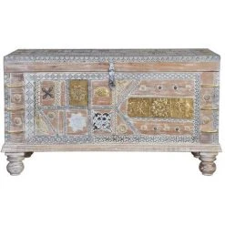 Coffre De Rangement En Bois De Manguier Coloris Blanc Vieilli - Longueur 100 X Profondeur 40 X Hauteur 57 Cm -PEGANE-