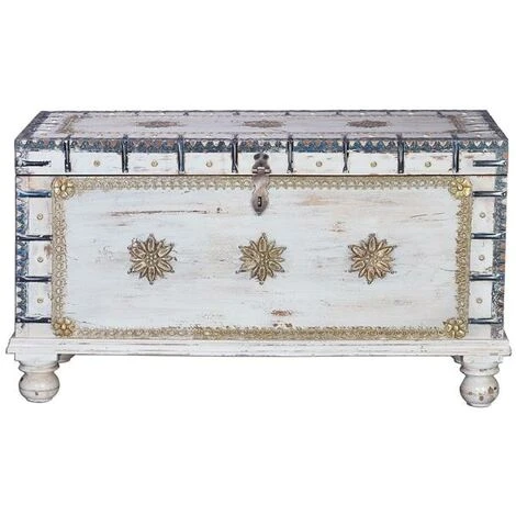 Coffre De Rangement Coloris Blanc Vieilli En Bois De Manguier - Longueur 100 X Profondeur 40 X Hauteur 57 Cm -PEGANE-