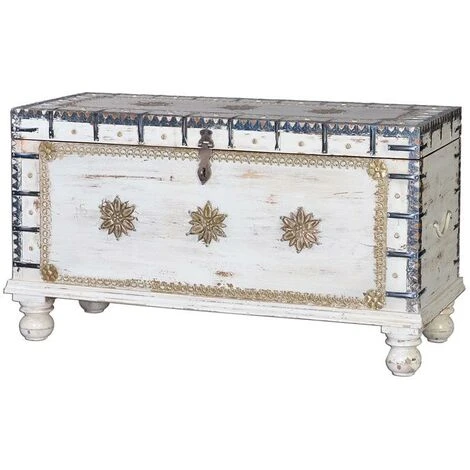 Coffre De Rangement Coloris Blanc Vieilli En Bois De Manguier - Longueur 100 X Profondeur 40 X Hauteur 57 Cm -PEGANE- – Image 2