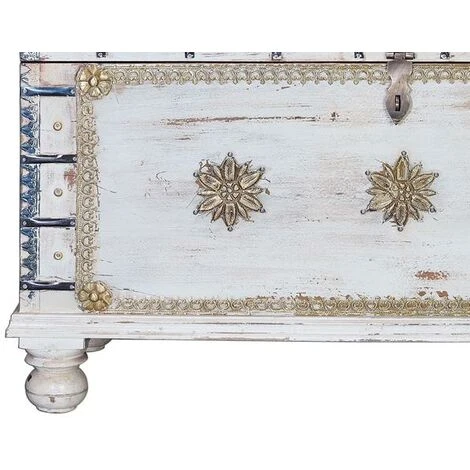 Coffre De Rangement Coloris Blanc Vieilli En Bois De Manguier - Longueur 100 X Profondeur 40 X Hauteur 57 Cm -PEGANE- – Image 4