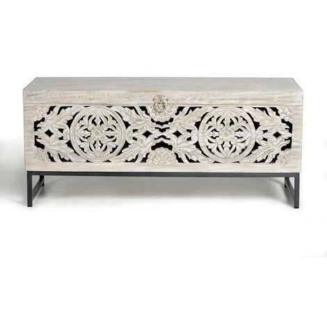 Coffre De Rangement En Bois De Manguier / Fer Coloris Gris Vieilli - Longueur 116 X Profondeur 40 X Hauteur 50 Cm -PEGANE-