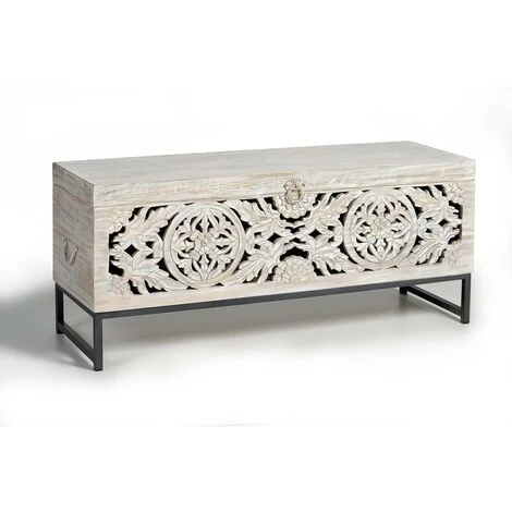 Coffre De Rangement En Bois De Manguier / Fer Coloris Gris Vieilli - Longueur 116 X Profondeur 40 X Hauteur 50 Cm -PEGANE- – Image 2