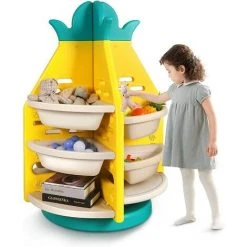 Yoleo étagère Pour Jouets, 3 étage Bibliothèque Pour Enfants, Forme D'ananas, Support De Rangement Rotatif，étagère De Rangement Enfant Pour Jouets Et Livres, Pour Chambre D'enfant, Ronde -Rotatif