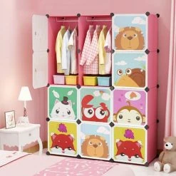 WYCTIN Hofuton Meuble De Rangement Enfant 12 Cubes, Armoire Modulable Avec Portes, Étagère En Plastique, Pour Vêtements, Chaussures, Jouets, Sacs D'école, 111*37*147cm, Rose