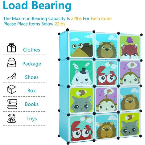 WYCTIN Hofuton Armoire Portable, Penderie Avec Portes, Storage Modulable Meuble Étagères De Rangement, Conception De Motif De Dessin Animé, 12-Cubes, Bleu – Image 2