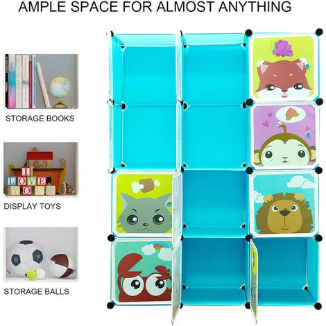 WYCTIN Hofuton Armoire Portable, Penderie Avec Portes, Storage Modulable Meuble Étagères De Rangement, Conception De Motif De Dessin Animé, 12-Cubes, Bleu – Image 3