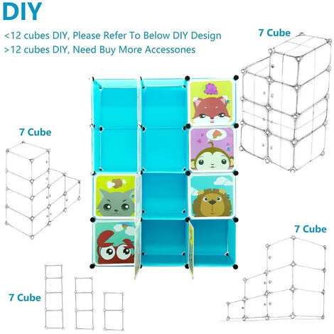 WYCTIN Hofuton Armoire Portable, Penderie Avec Portes, Storage Modulable Meuble Étagères De Rangement, Conception De Motif De Dessin Animé, 12-Cubes, Bleu – Image 4