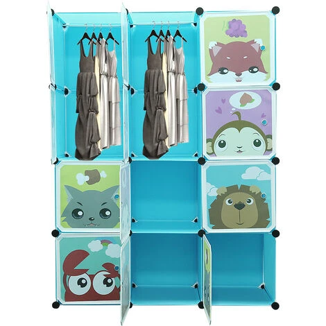 WYCTIN Hofuton Armoire Portable, Penderie Avec Portes, Storage Modulable Meuble Étagères De Rangement, Conception De Motif De Dessin Animé, 12-Cubes, Bleu – Image 5