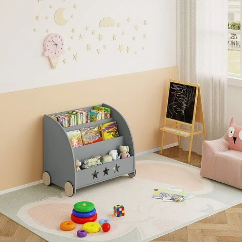WOLTU Bibliothèque Pour Enfants. étagère à Jouets 3 Niveaux. Organiser Pour Livres Avec Roues. Gris – Image 3
