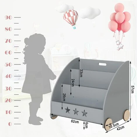 WOLTU Bibliothèque Pour Enfants. étagère à Jouets 3 Niveaux. Organiser Pour Livres Avec Roues. Gris – Image 4