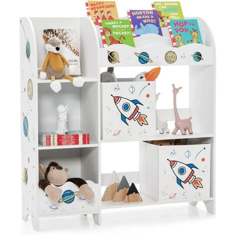 COSTWAY Meuble De Rangement Pour Enfant, Thème Océan, Étagère De Rangement Pour Jouets Et Livres, Avec 2 Tiroirs En Tissu (Model 1)