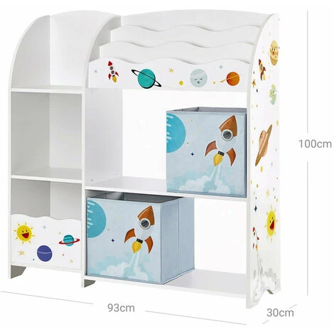HELLOSHOP26 Étagère De Rangement Pour Jouets Enfant Et Livres Meuble De Rangement Multifonctionnel Avec 2 Tiroirs En Tissu Thème Planètes Pour Salle De Jeux Chambre Enfant 100 Cm Salon Blanc - Blanc – Image 2