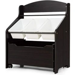 RELAX4LIFE Coffre à Jouets, Meuble De Rangement Pour Jouets D’Enfants Avec 3 Coffres Amovibles Et 1 Tiroir Pour Livres, Vêtement, 63,5 X 38x76,5cm, Blanc/Brun (Brun)