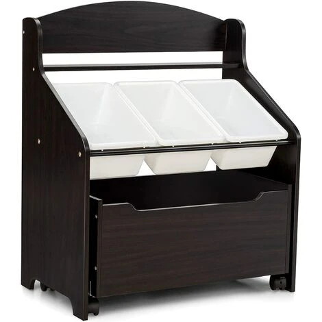 RELAX4LIFE Coffre à Jouets, Meuble De Rangement Pour Jouets D’Enfants Avec 3 Coffres Amovibles Et 1 Tiroir Pour Livres, Vêtement, 63,5 X 38x76,5cm, Blanc/Brun (Brun) – Image 3