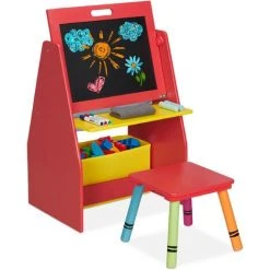 Relaxdays Table Pour Enfants Avec Tableau à Deux Faces, 84 X 52 X 45 Cm, Sac En Tissus Et 2 Rangements, Tabouret, Rouge
