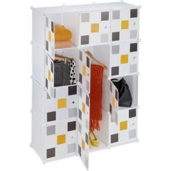Relaxdays Étagère Modulable, Rangement Penderie, 8 Cases, 2 Tringles, Plastique, HxLxP: 145x110x37 Cm, Blanc-multicolore